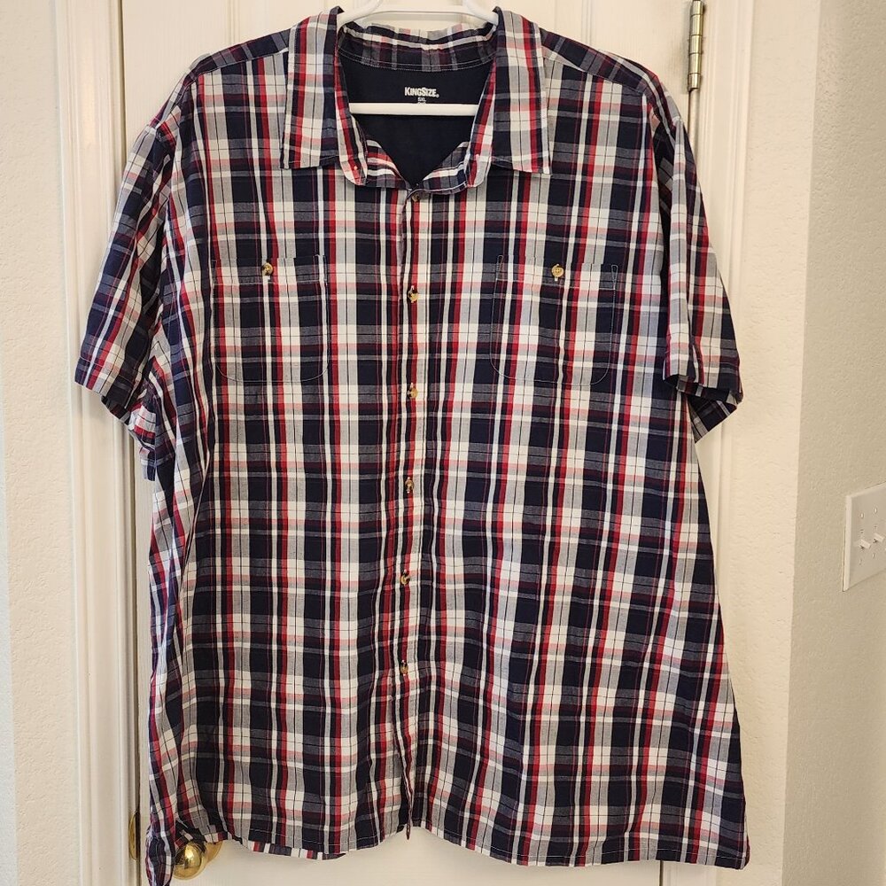 KS Men’s 5XL Big Short Sleeve Button-Front Shirt – Red/White/Blue Plaid – Cotton